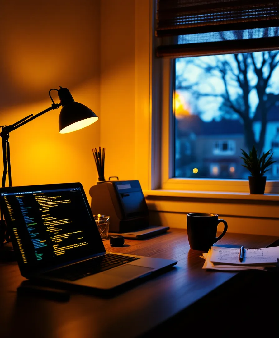 A recruiter's desk at dusk with a single warm lamp, an open laptop showing code, and a cooling mug of coffee