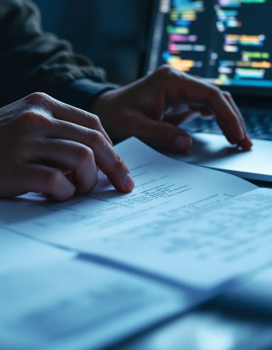 Hands reviewing printed code beside a glowing laptop terminal in cool light
